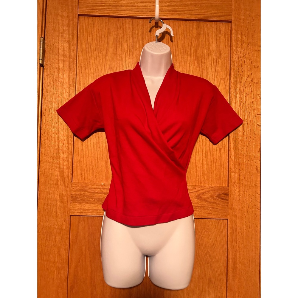 Vintage Josephine Chaus Petites Red Wrap Top Short Sleeve Cotton Shoulder Pads P